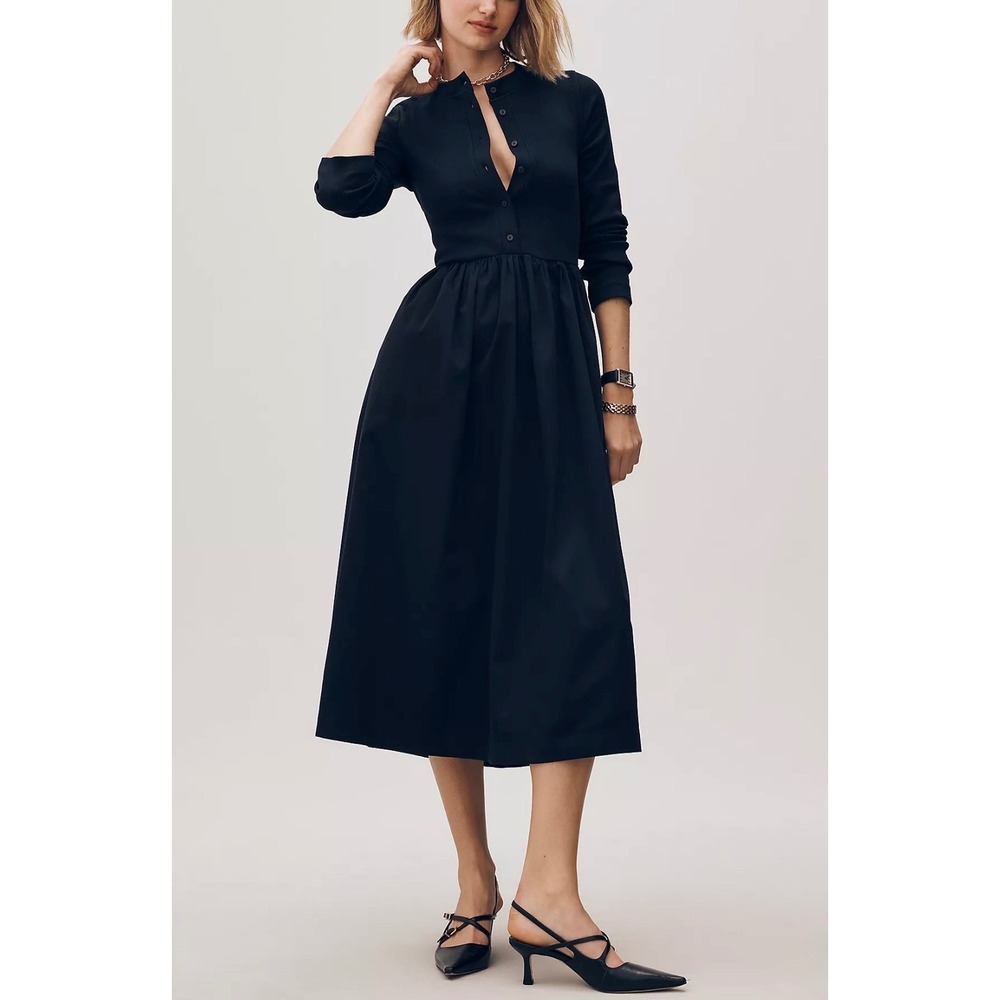 Maeve Anthropologie Mixed Media Dress Women's Small Black NWT Ribbed Poplin Midi